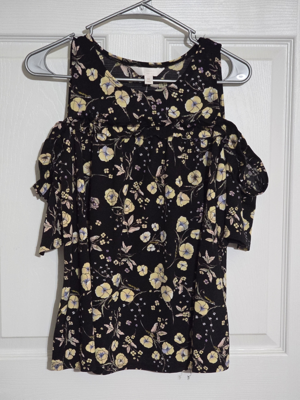 LC Lauren Conrad Black Cold-Shoulder Floral Blouse with Yellow & Purple Flowers
